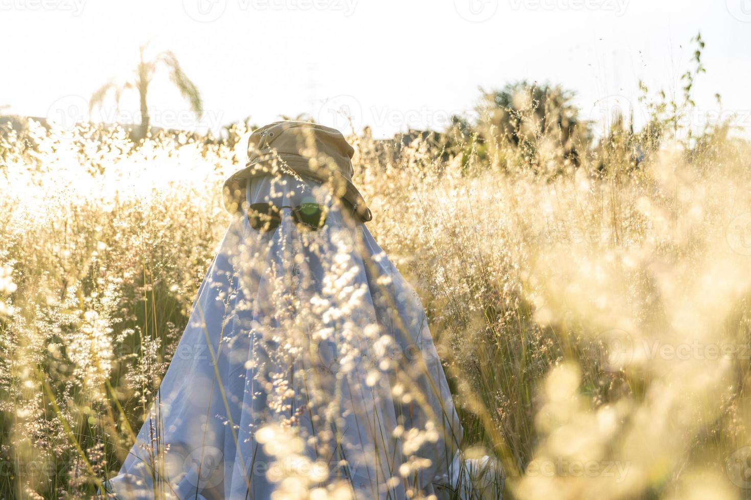 ghost in the countryside enjoying the sun and the train passing behind, train tracks photo