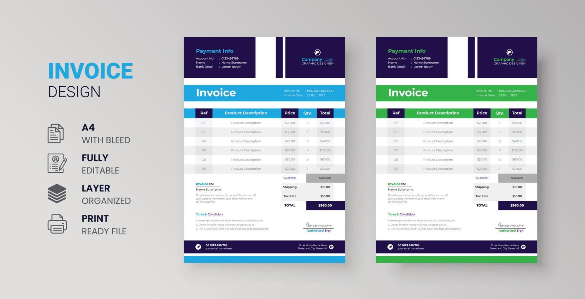 Invoice design for corporate business marketing company clean restaurant letterhead design vector