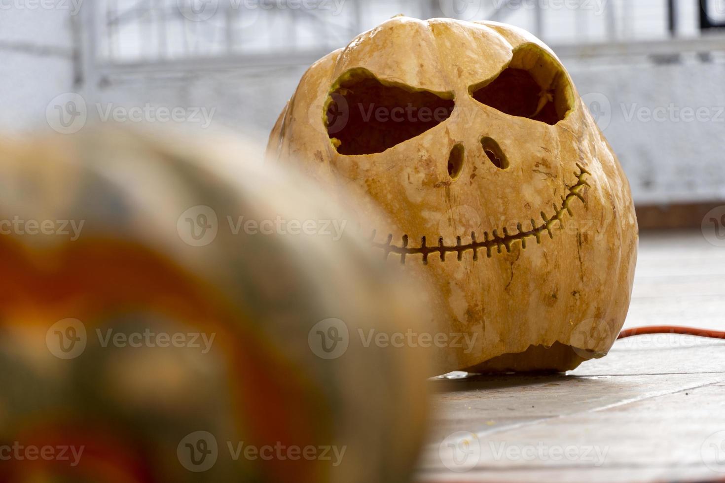 manos de un viejo agricultor levantan sobre su cabeza una calabaza grande en el concepto de cosecha de camas de jardín foto