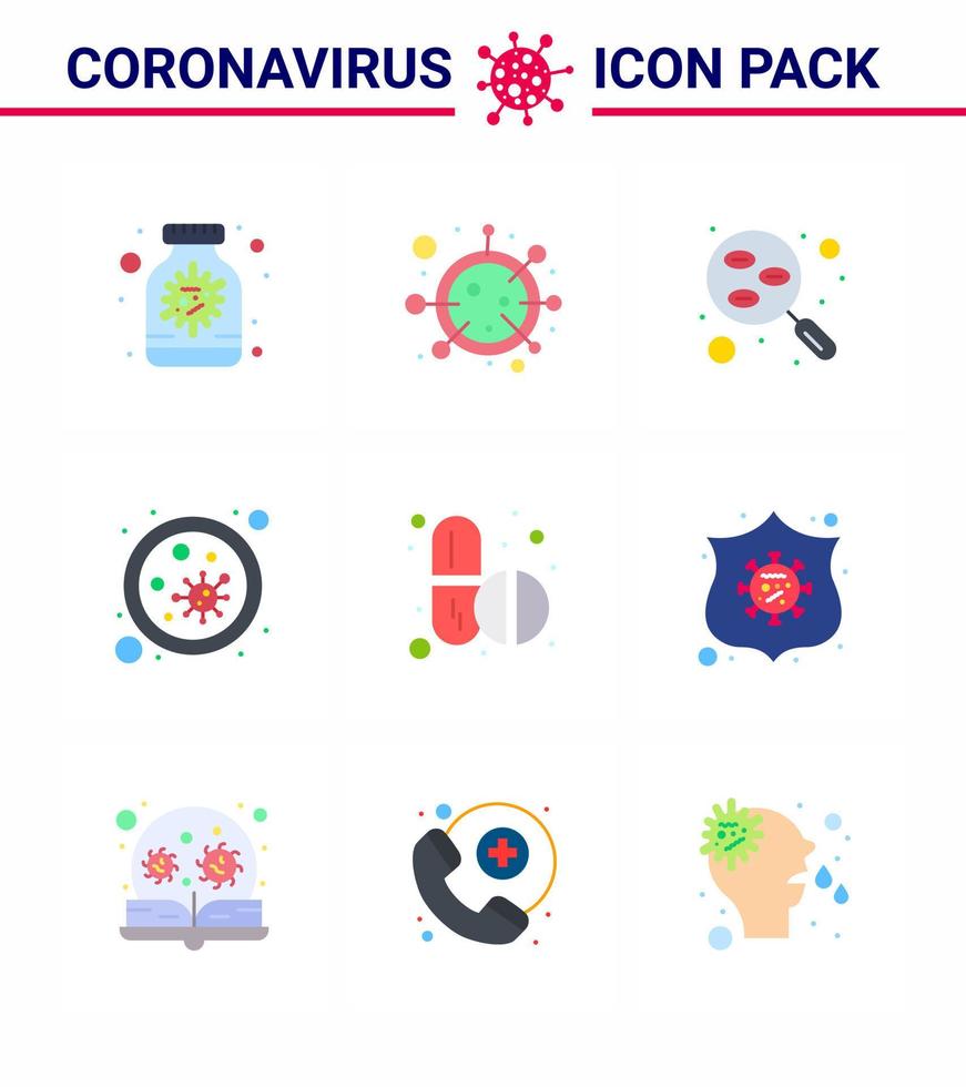 corona virus prevention covid19 tips to avoid injury 9 Flat Color icon for presentation microbe blood microorganism bacterium sample viral coronavirus 2019nov disease Vector Design Elements