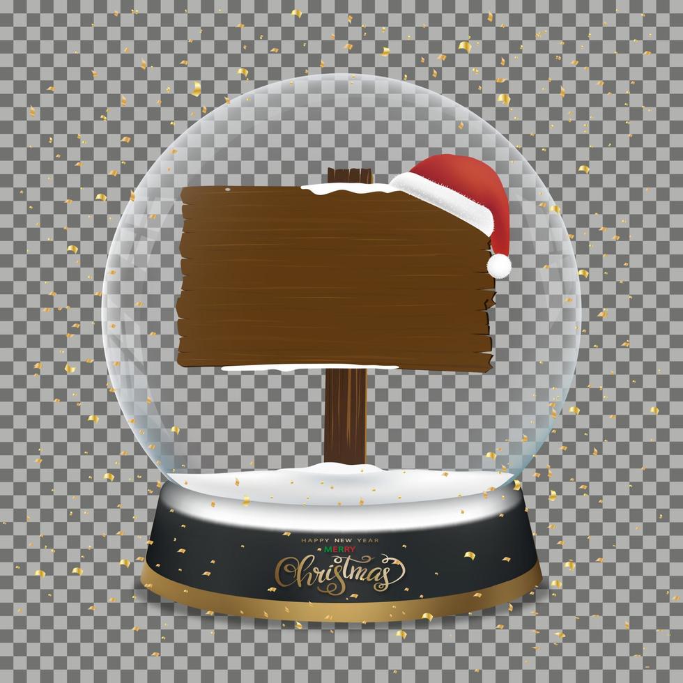 bola de navidad con poste indicador de madera y un sombrero rojo de santa y elementos dorados cayendo, ilustración vectorial crystal xmas 3d, globo de nieve transparente aislado para feliz navidad o regalo de año nuevo 2023 vector