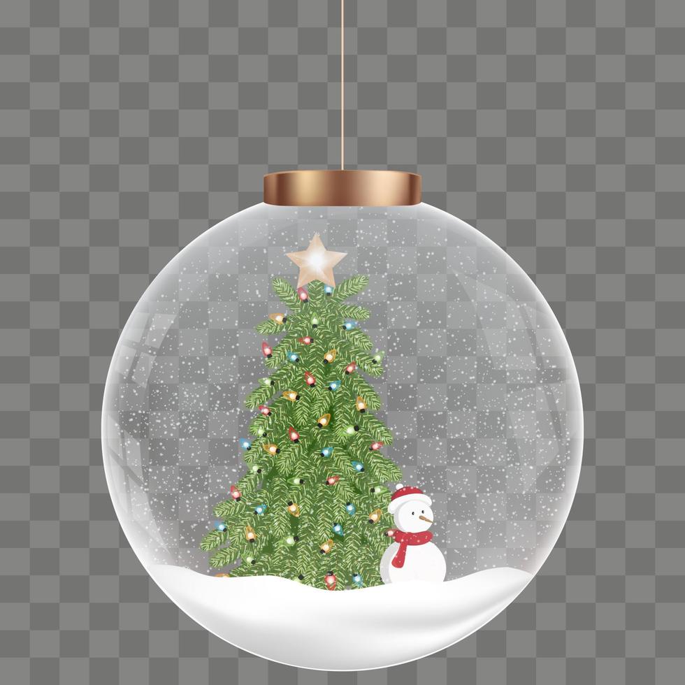 adornos de bolas de navidad, árbol de navidad transparente de vidrio aislado con muñeco de nieve, ilustración vectorial diseño realista en 3d de elementos de adornos navideños buenos para el fondo de invierno, tarjeta de año nuevo vector