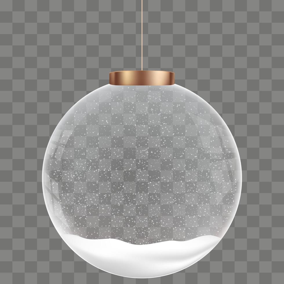 adornos de bolas de navidad, bola de navidad transparente de vidrio aislado con nieve, ilustración vectorial diseño realista en 3d de elementos de decoraciones de navidad buenos para el fondo de invierno, tarjeta de año nuevo vector