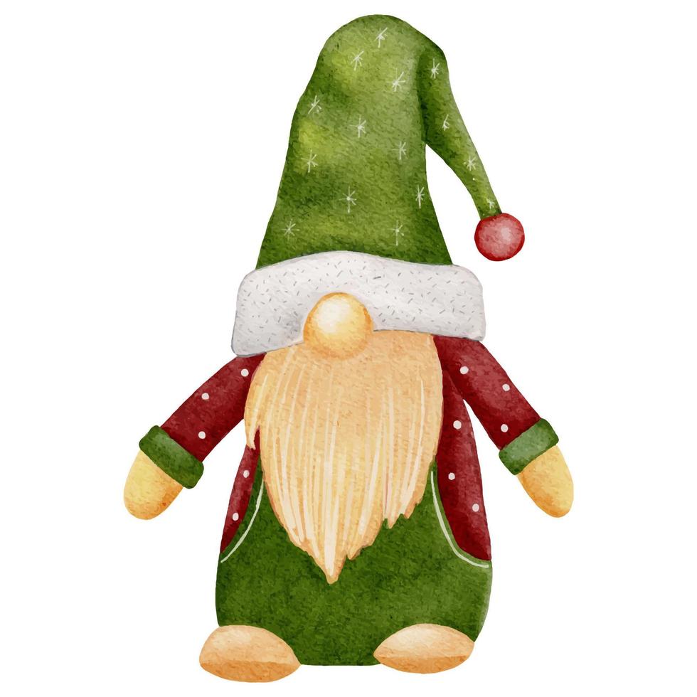 gnomo de navidad con sombrero verde de santa claus aislado sobre fondo blanco. acuarela pintura a mano lindos enanos escandinavos, elementos de ilustración vectorial carácter para feliz navidad, saludo de año nuevo vector
