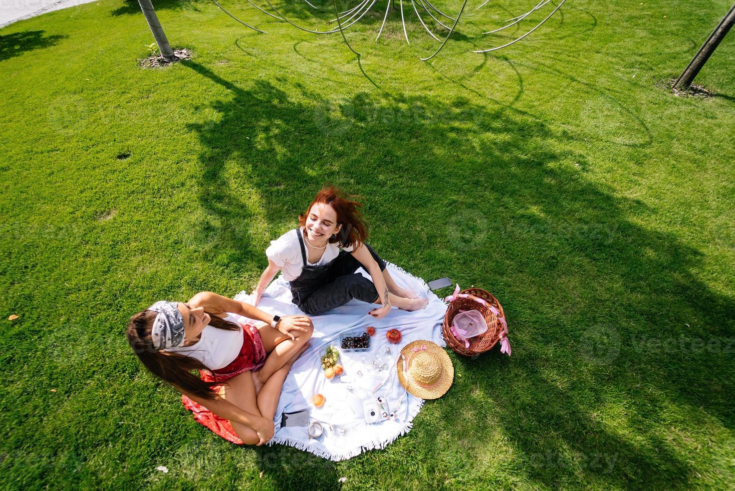 Two women having picnic together, sitting on the plaid photo