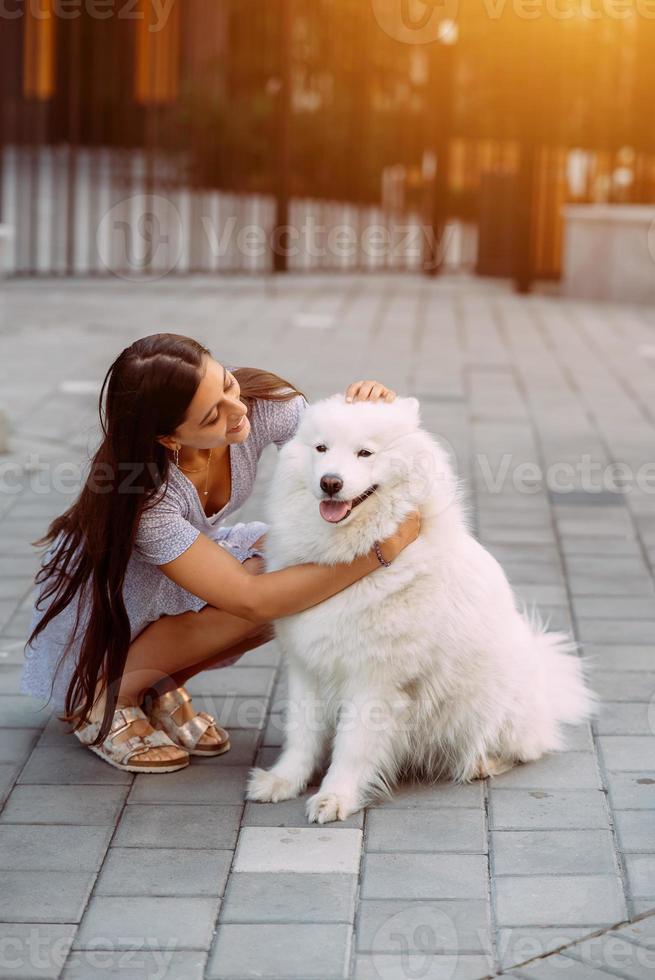 Woman hugs a big dog at sunset photo