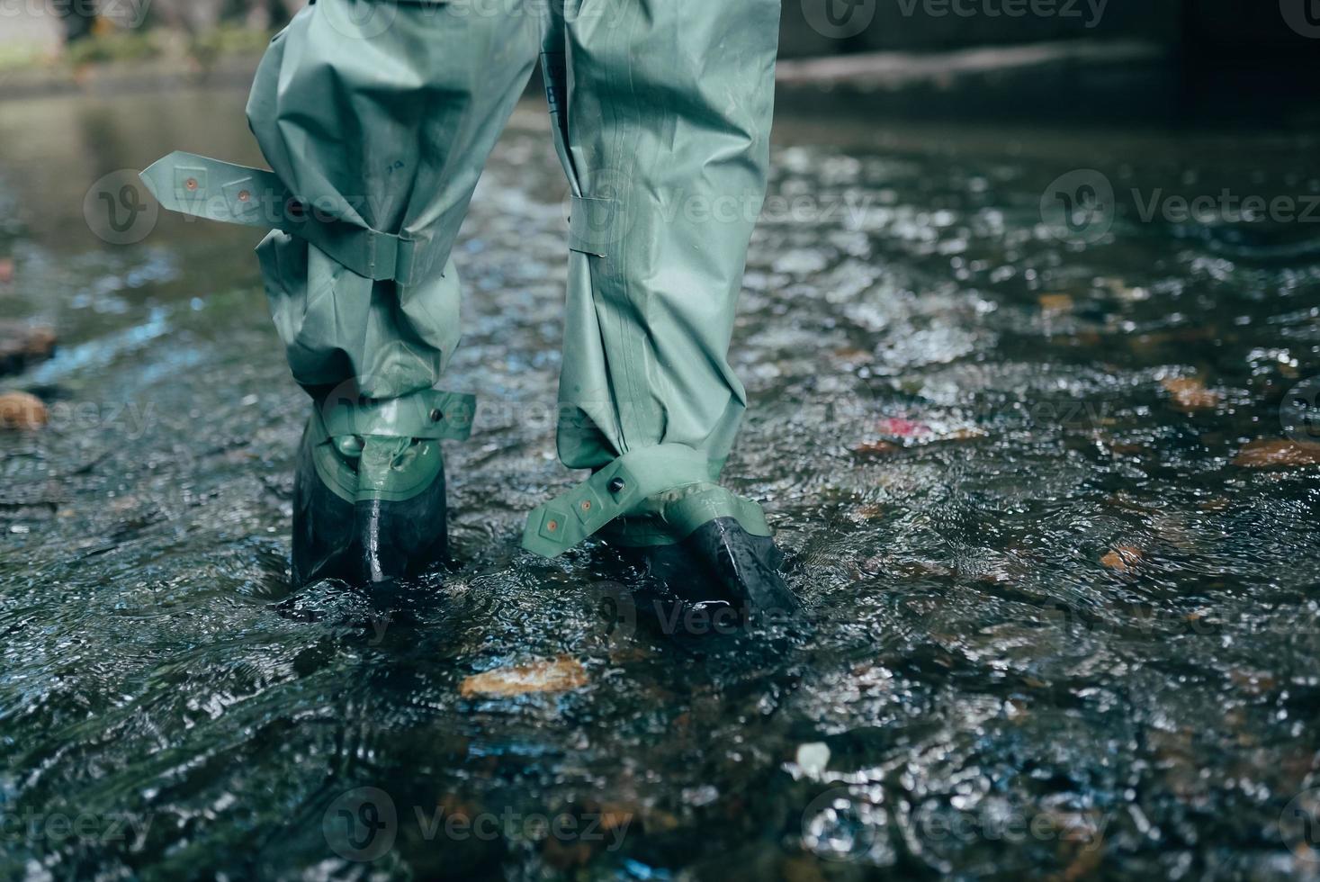 Close up view of waterproof pants boots photo
