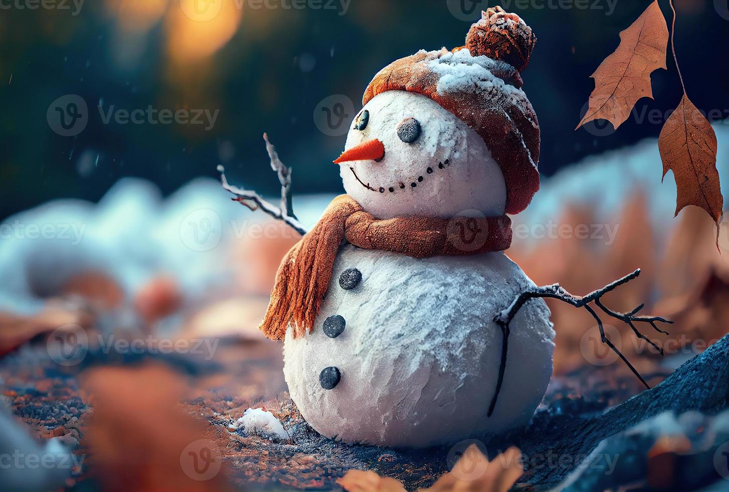 Happy snowman in winter secenery background photo