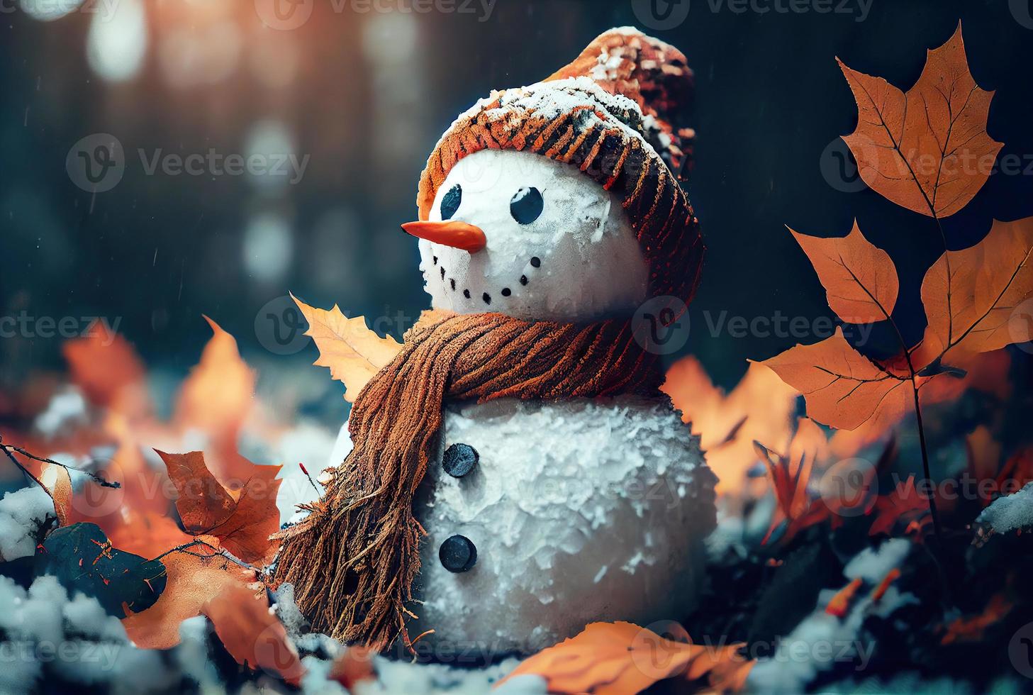 Happy snowman in winter secenery background photo