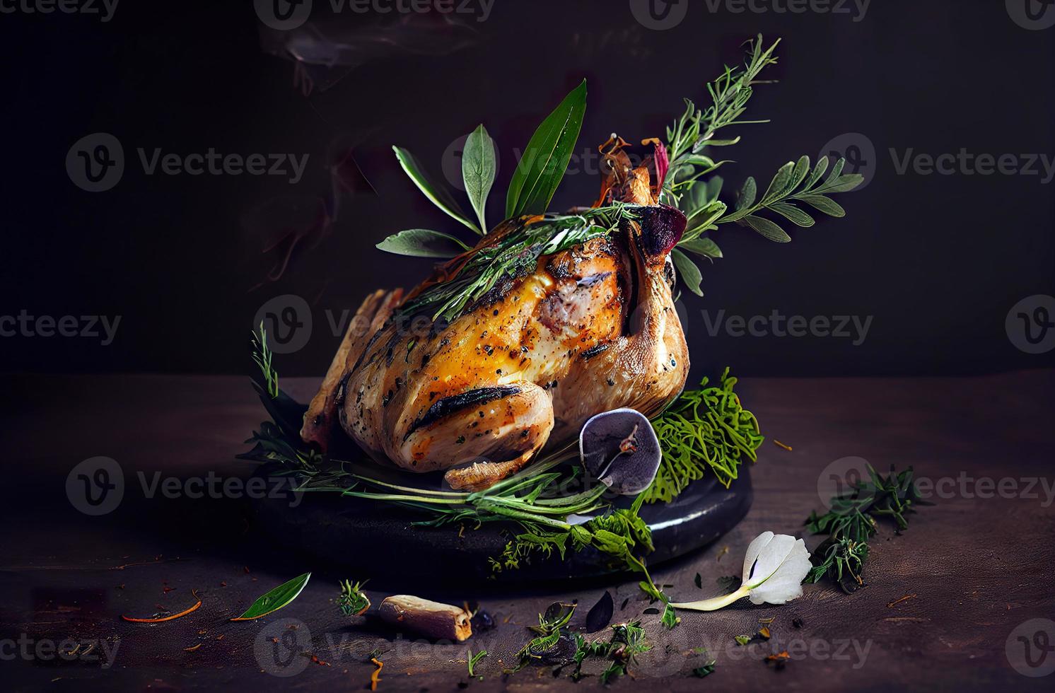 Boneless chicken with herbs on a black stone background. photo