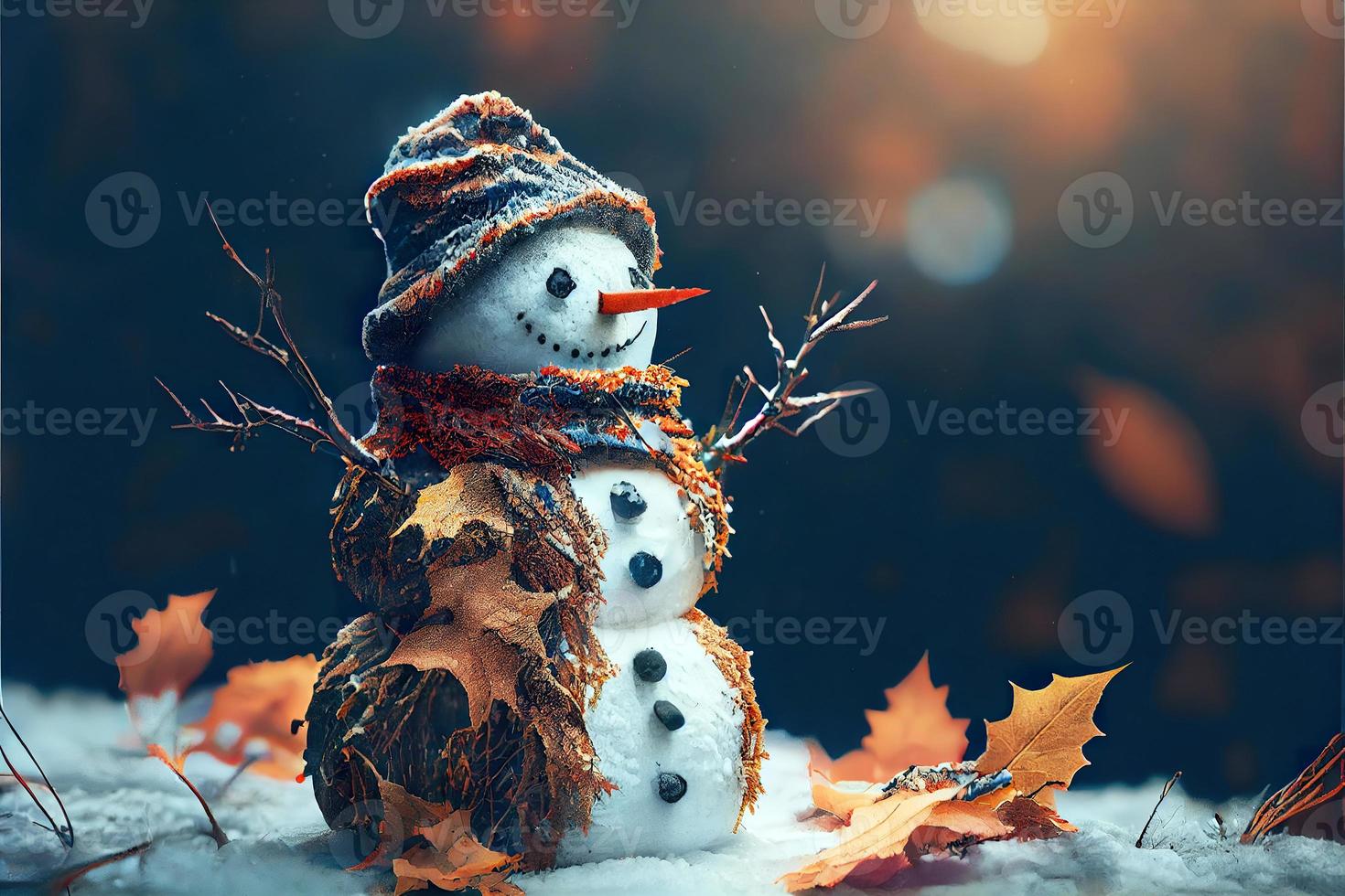 Happy snowman in winter secenery background photo