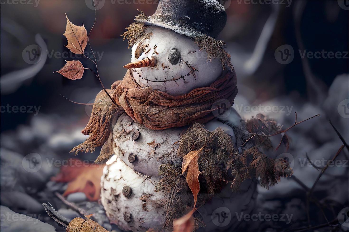 Happy snowman in winter secenery background photo