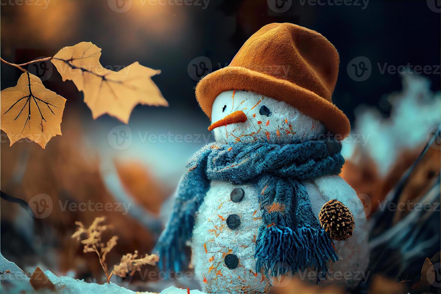 Happy snowman in winter secenery background photo