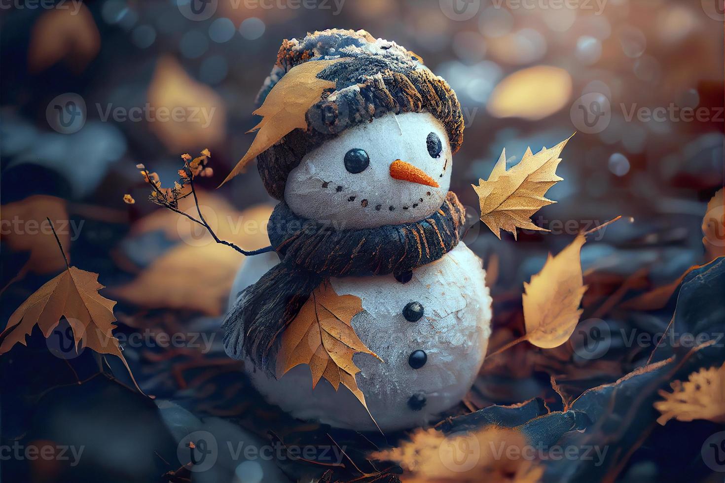 Happy snowman in winter secenery background photo