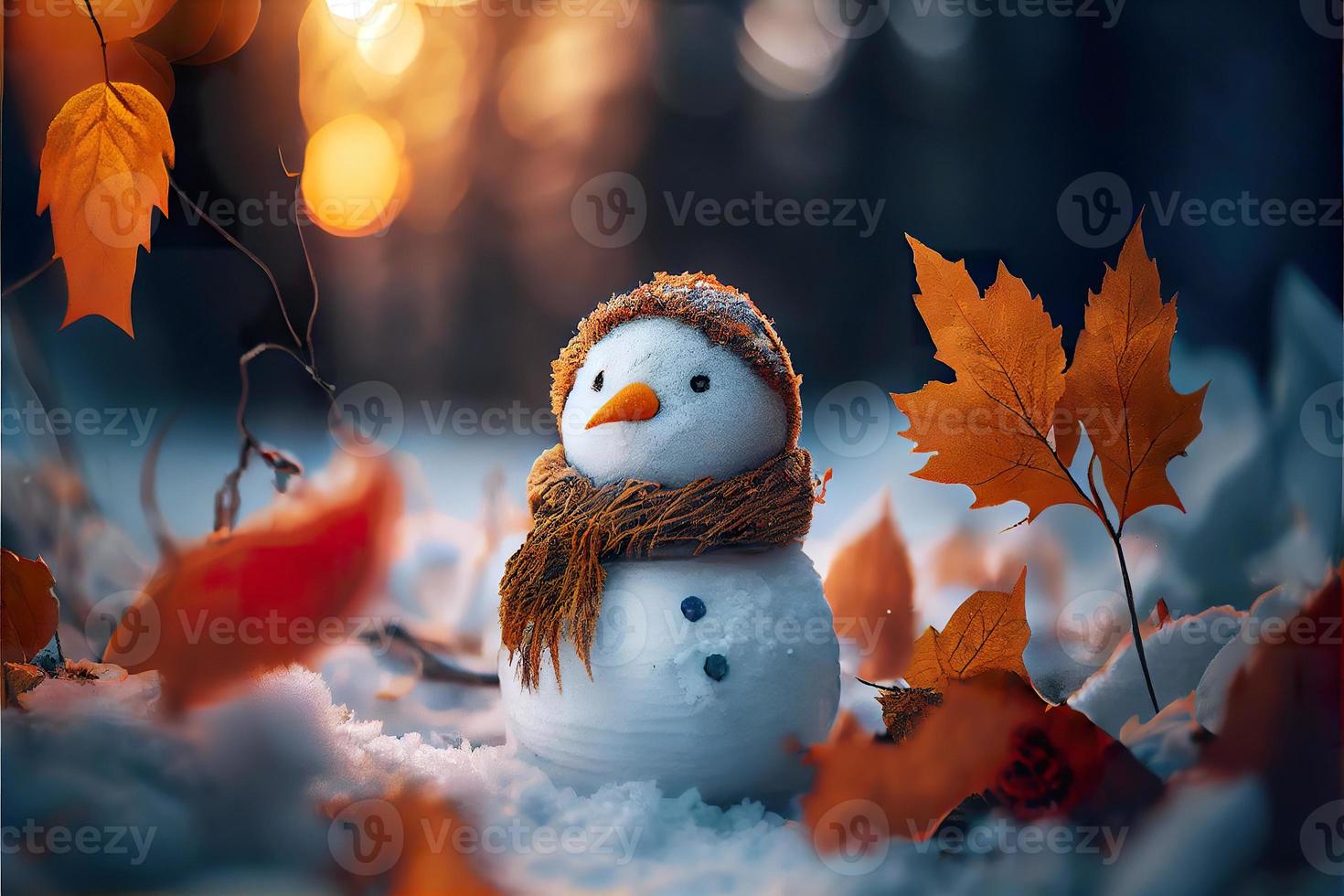 Happy snowman in winter secenery background photo