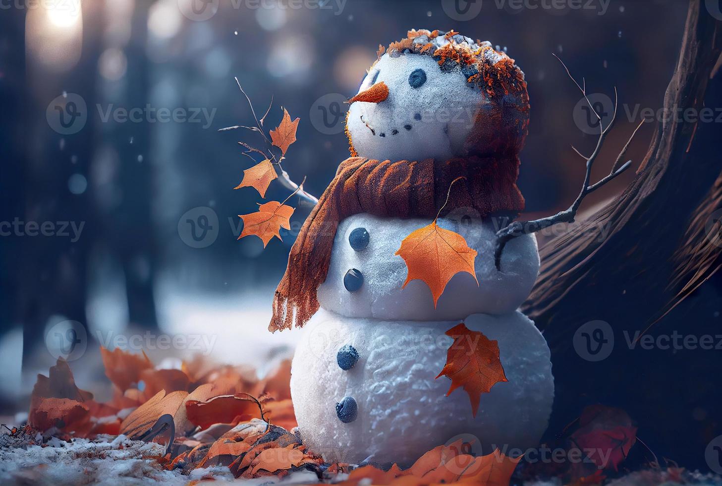 Happy snowman in winter secenery background photo