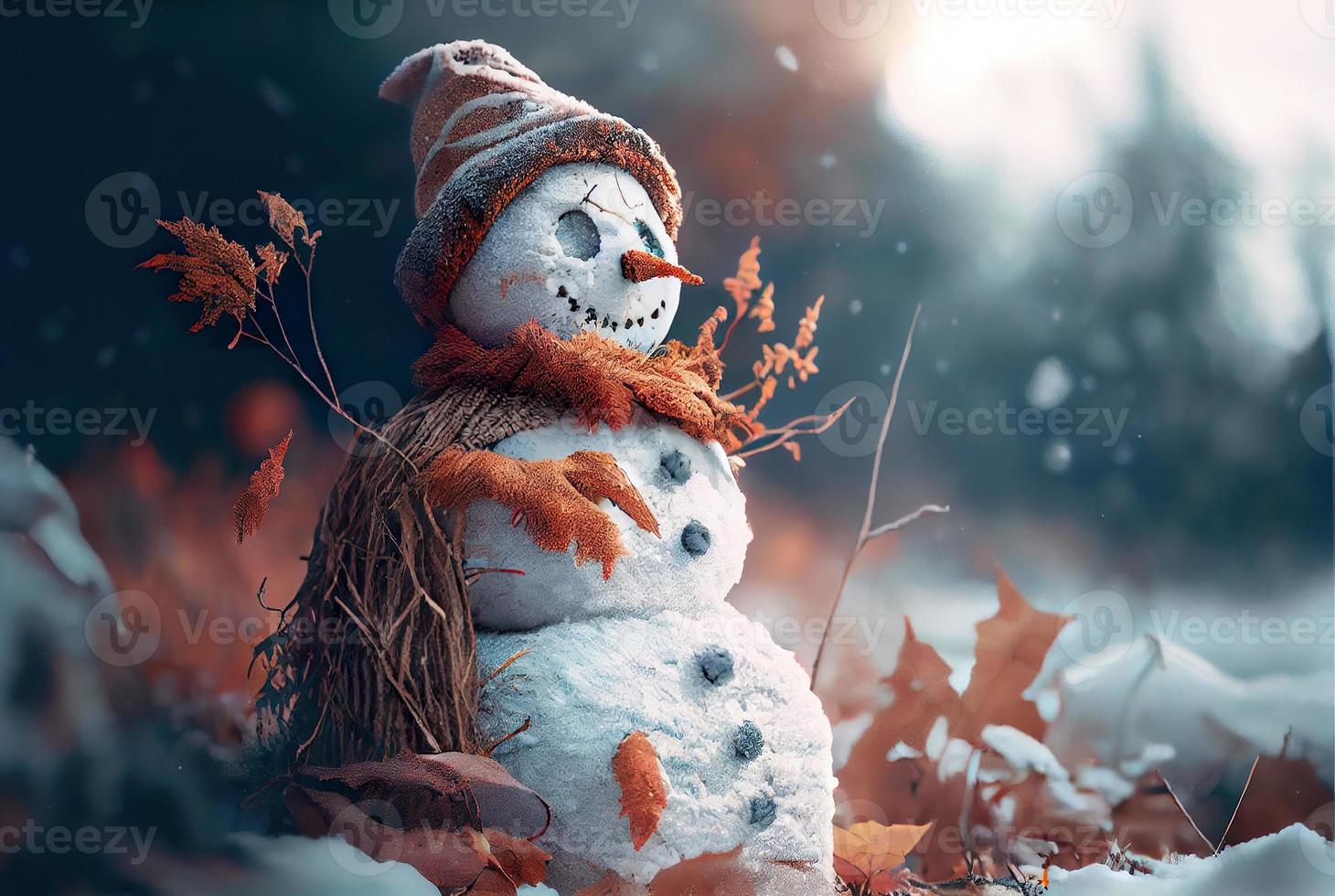 Happy snowman in winter secenery background photo
