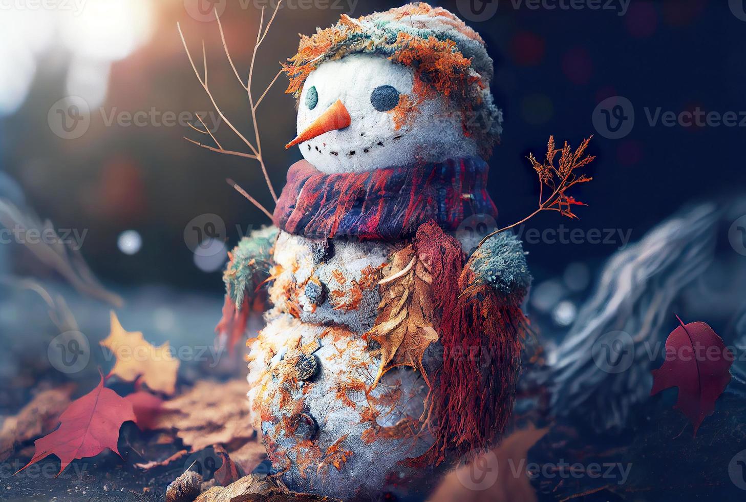 muñeco de nieve feliz en el fondo del paisaje invernal foto