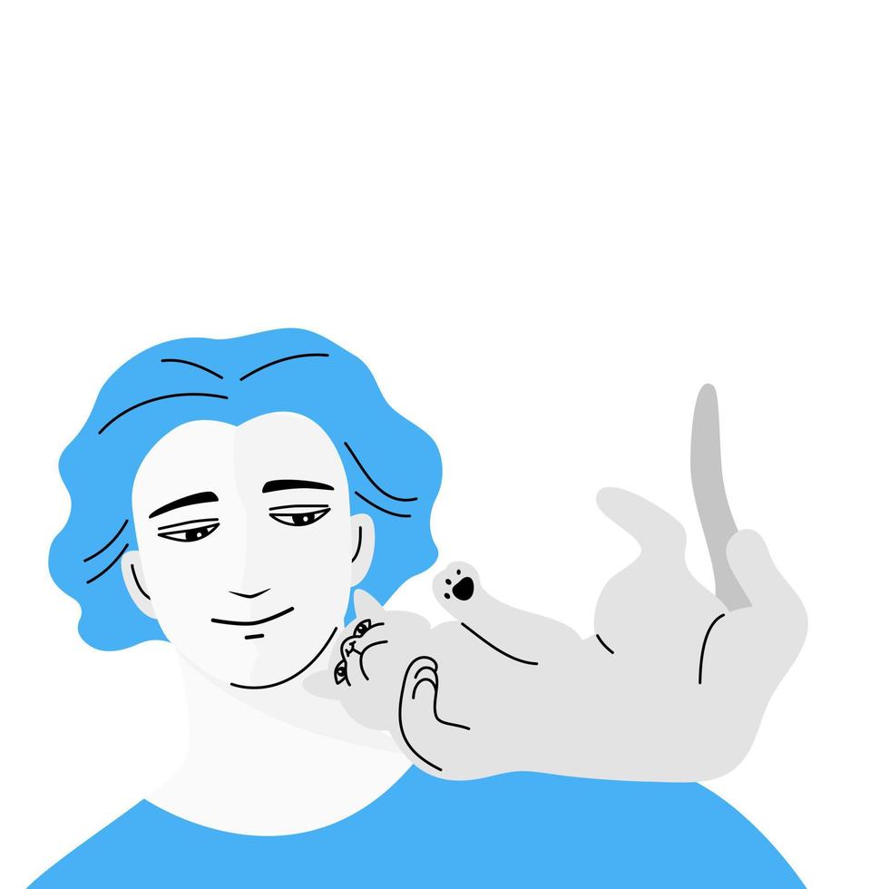 A man and the cat in pet therapy concept, flat vector illustration.