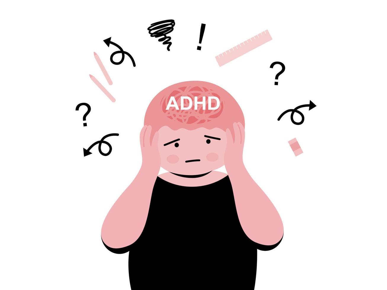 ADHD boy is forgetting where he have put school supplies, flat vector illustration.