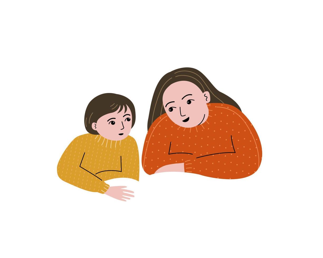 Flat vector of a young girl and mother talking and smiling together.