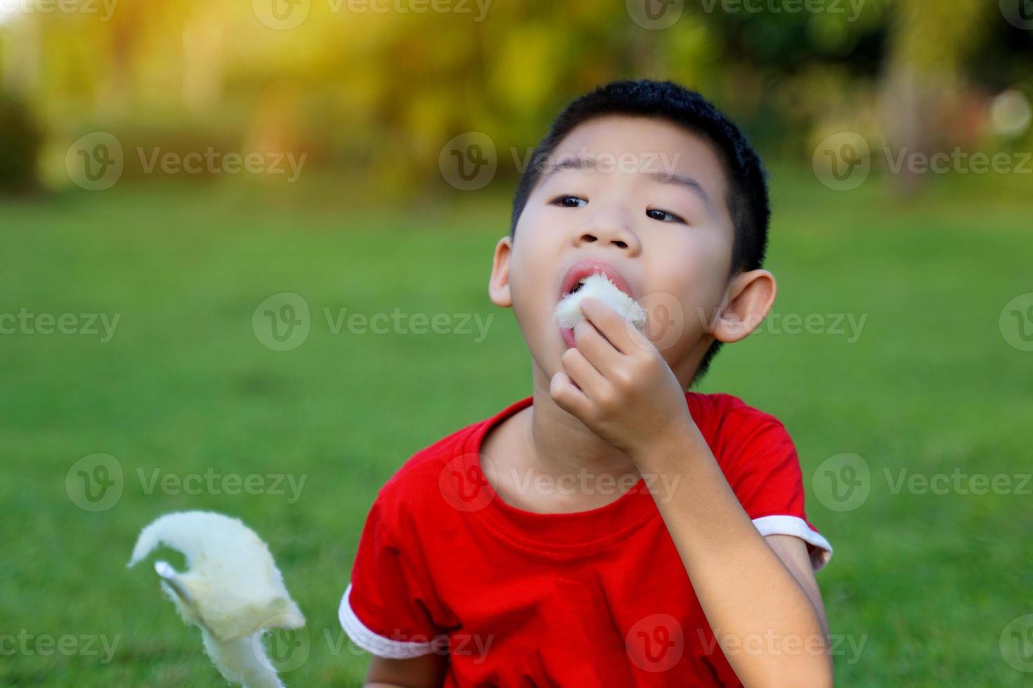 Asian boy eating cotton candy with relish. Cotton candy is made from sugar spun into thin strips. Like a cloud, many colors depending on the color. Soft and selective focus. photo