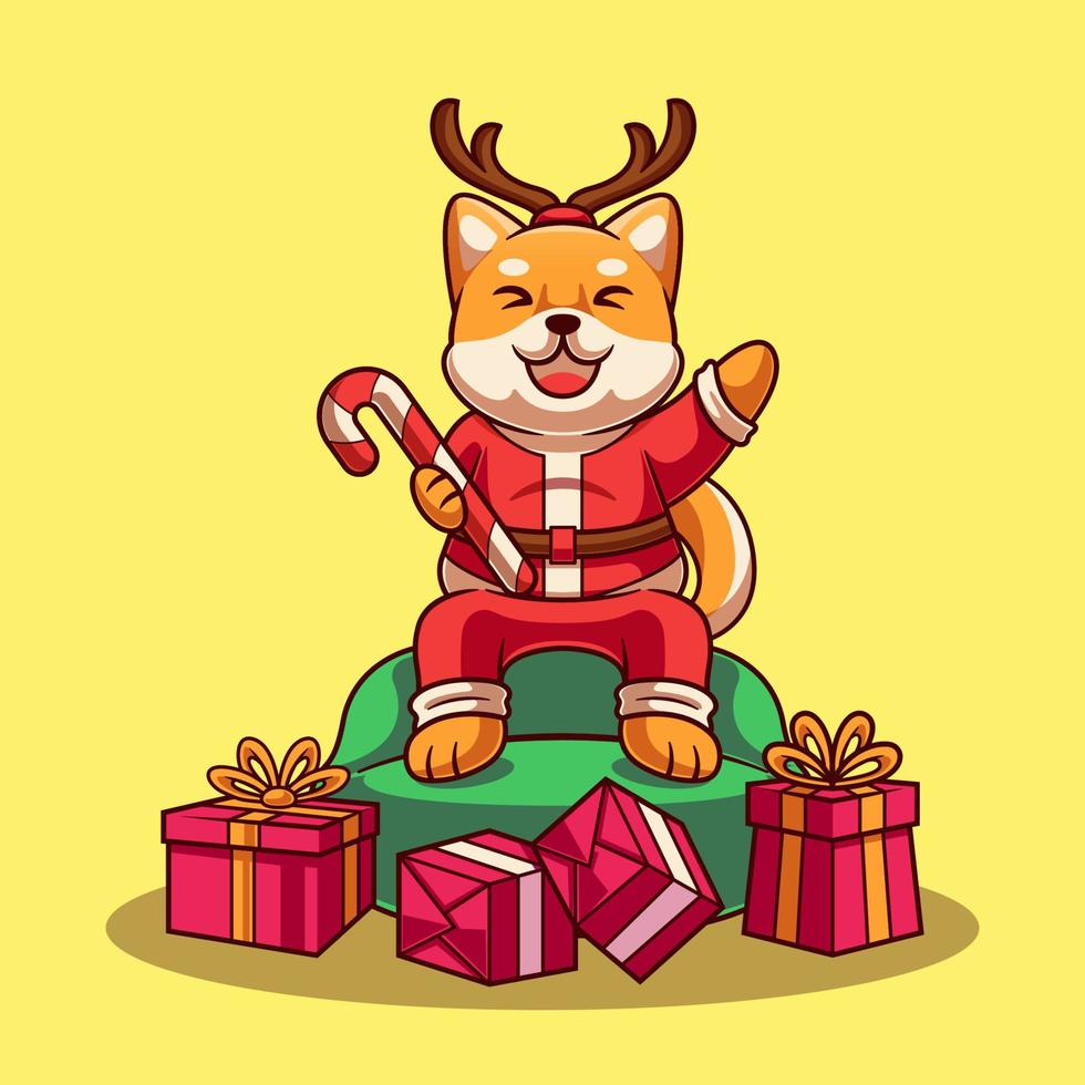 Cute Shiba Inu Santa Clause on Gift Bag Cartoon Illustration. Shiba Inu Christmas Concept. Flat Cartoon Style vector