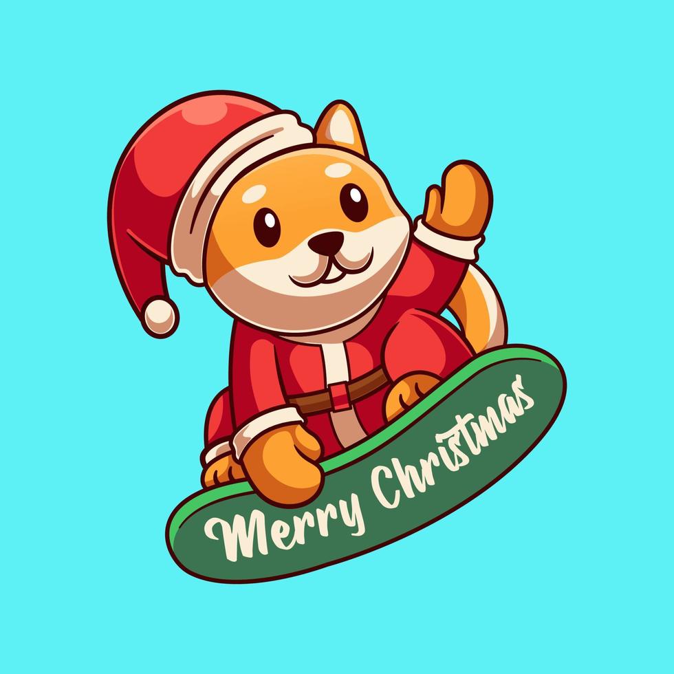 Cute Shiba Inu Santa Clause Flying On Skateboard Cartoon Illustration. Shiba Inu Christmas Concept. Flat Cartoon Style vector