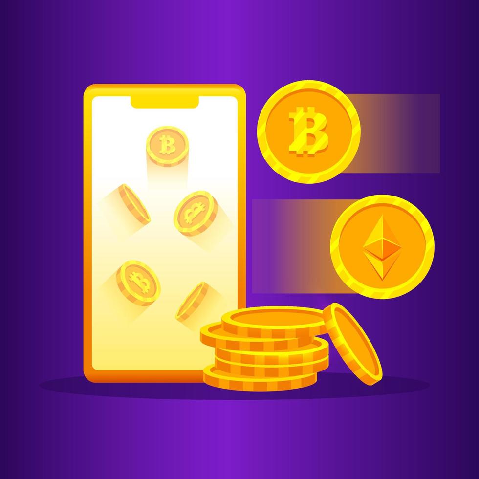 Cryptocurrency golden bitcoins, Ethereum, Solana on Mobile. Digital coins concept flat design vector