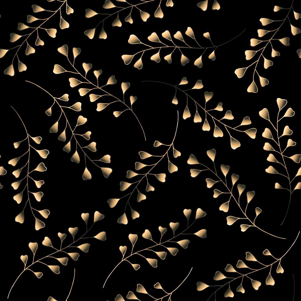 Gold branches on black background seamless pattern. Hand drawn botanic elements. Vector art