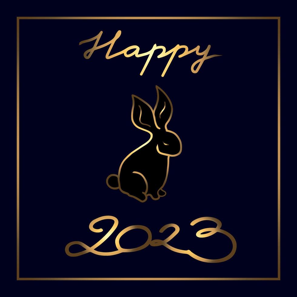 Happy 2023. Chinese New Year celebration card with a symbol of the year. Gold lettering and hand drawn gold rabbit on black background. Greeting card. Vector art