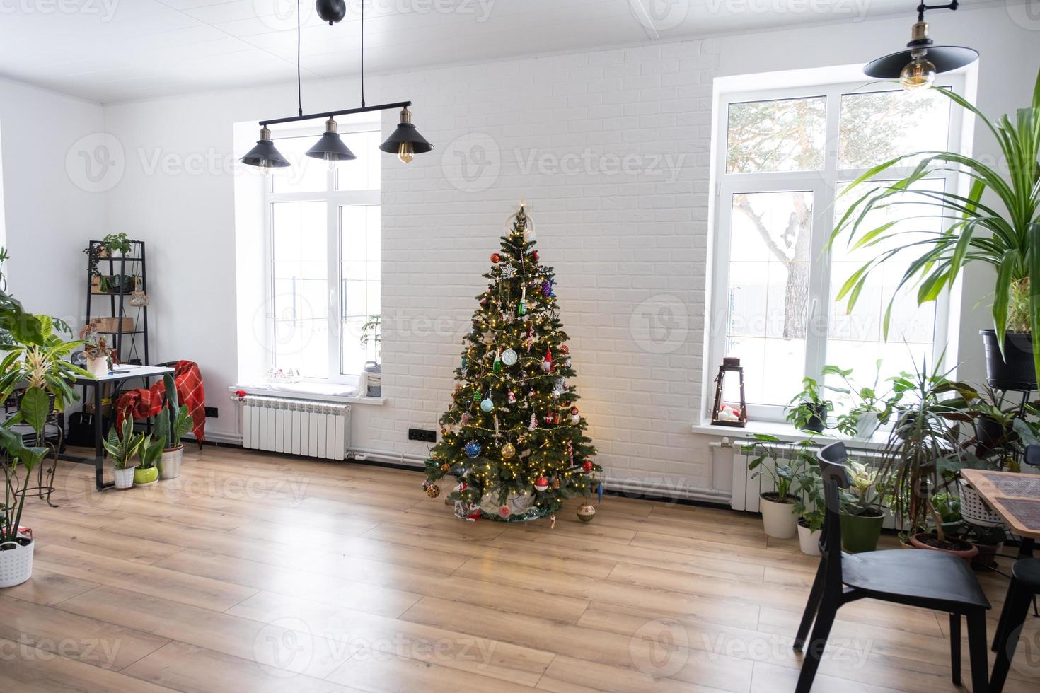 Christmas tree in the white interior of a house with large windows. Glowing fairy lights garlands interior decoration of the studio room. Potted plants in the home photo