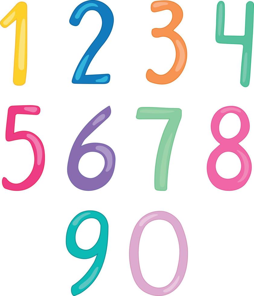 Cartoon color numbers from Zero to Nine. Hand drawn vector art. Rainbow colors