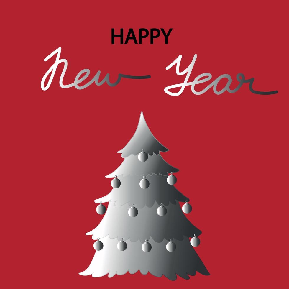 Happy New Year greeting card. Handwriting with hand drawn holiday tree. Silver letters on red background vector