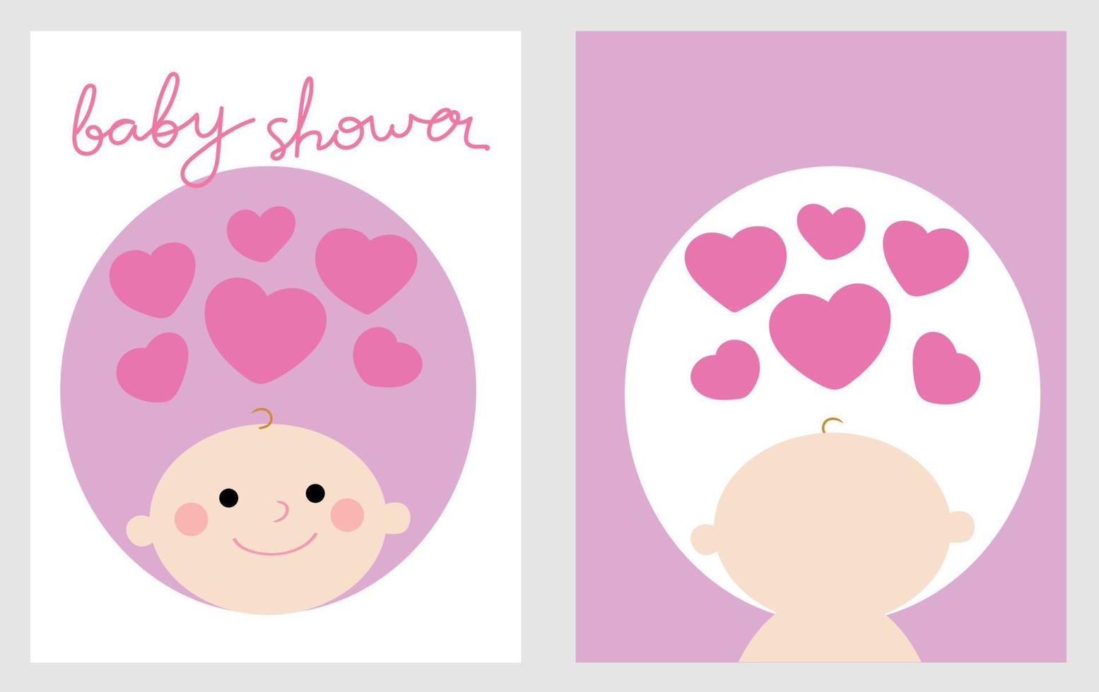 Baby shower greeting card. For baby shower party. Baby face in round shape frame with hearts and hand drawn text. Cute hand drawn in both sides of greeting card. Suitable for pregnant vector