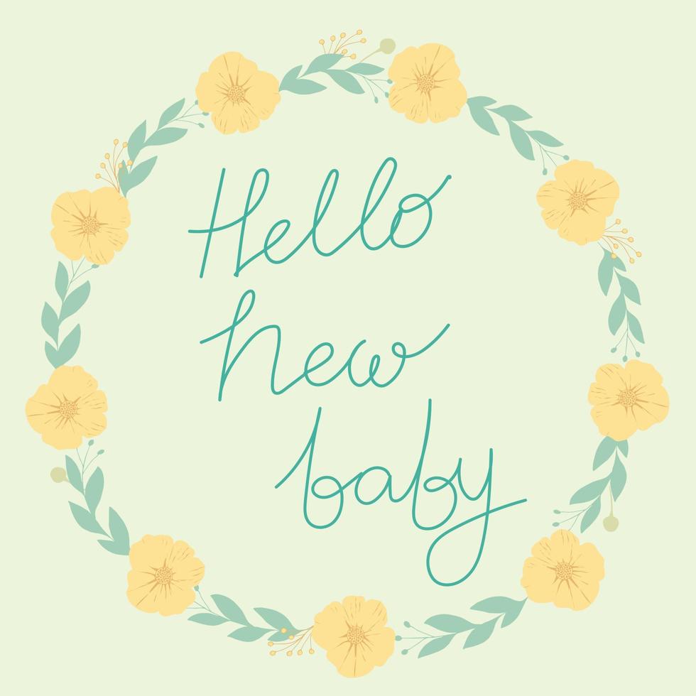 hola nueva tarjeta de felicitación de bebé para baby shower y felicitaciones por el nacimiento de un bebé. arte dibujado a mano. escritura vector