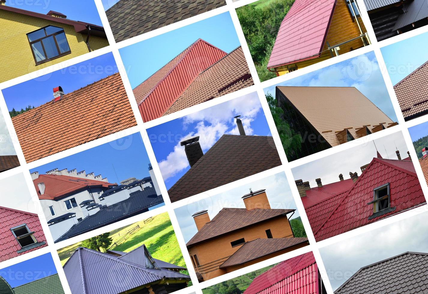 A collage of many pictures with fragments of various types of roofing. Set of images with roofs photo