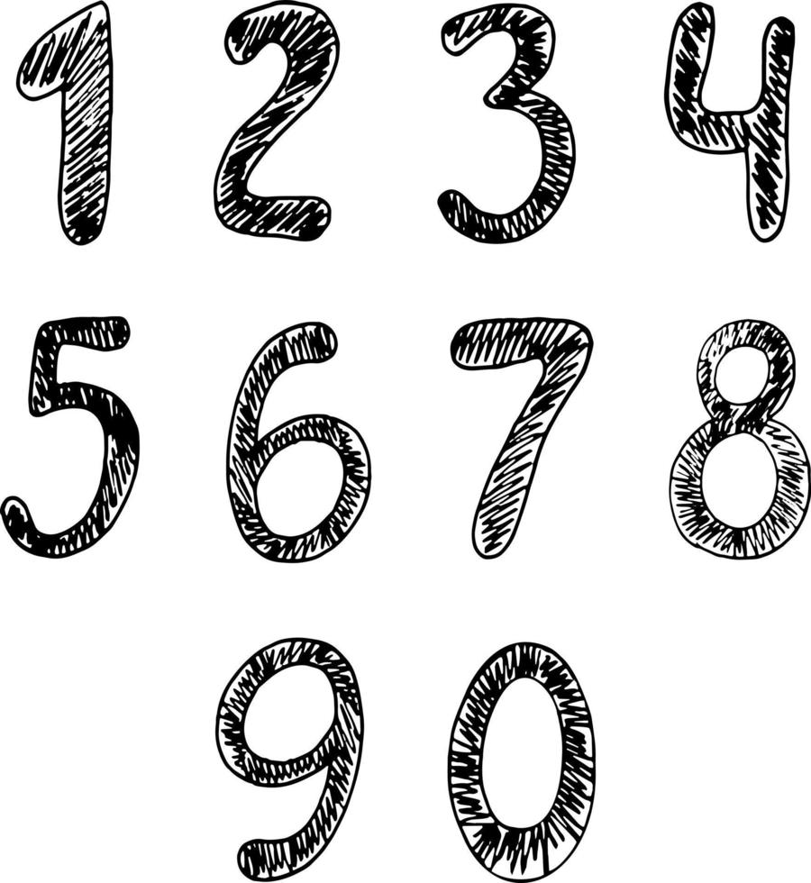 Hand drawn numbers from Zero to Nine. Black simple line with strokes. Vector art