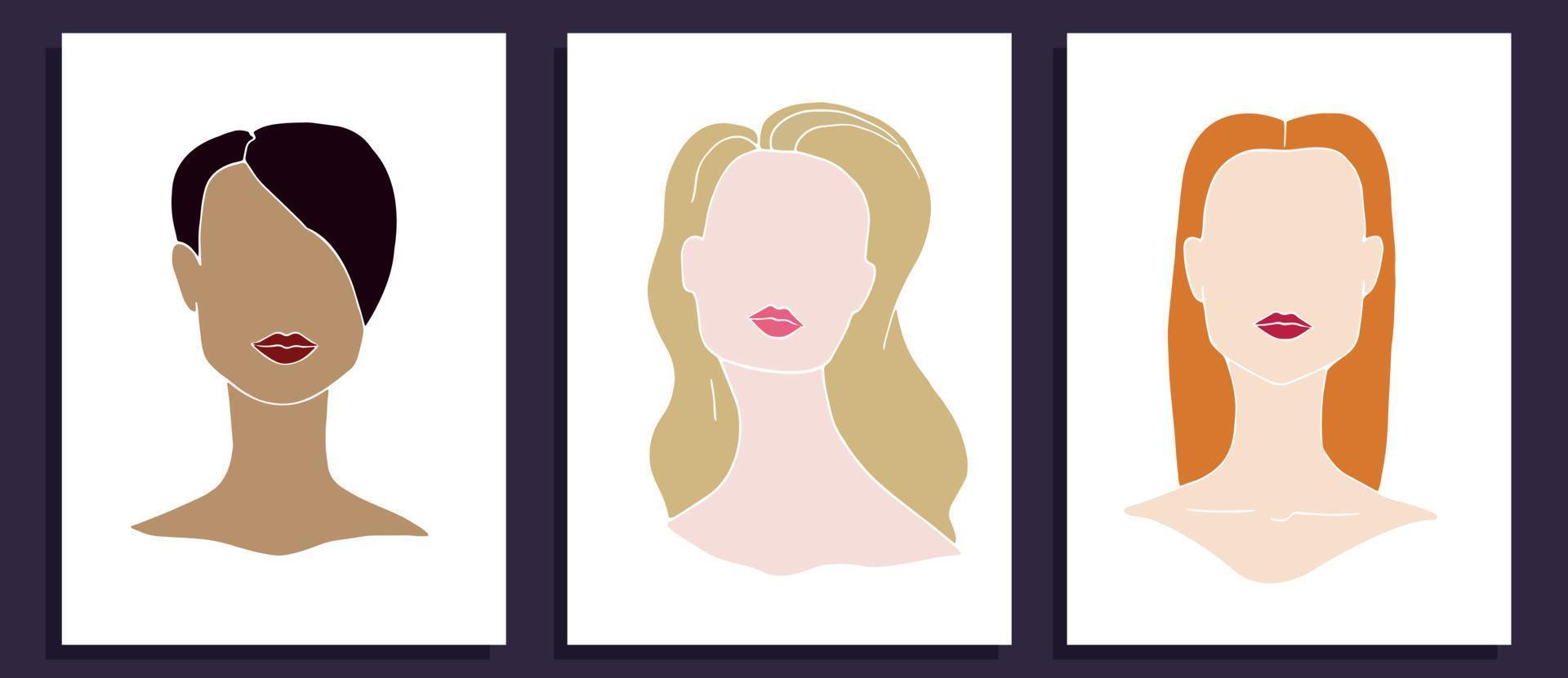 Abstract women silhouettes in frames. Three different women. Diversity. Hand drawn vector art.