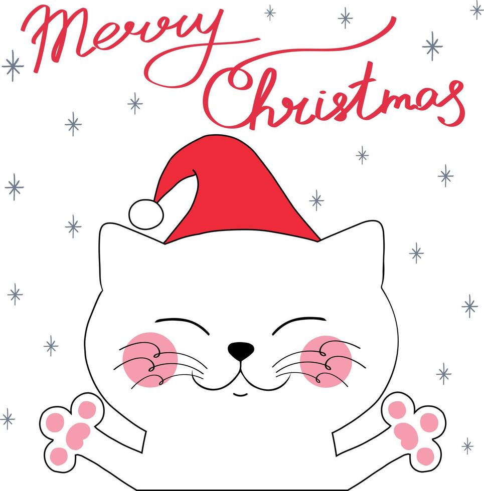 Cute white smiling cat in holiday hat with hand drawn phrase Merry Christmas and snowflakes. Isolated on white vector
