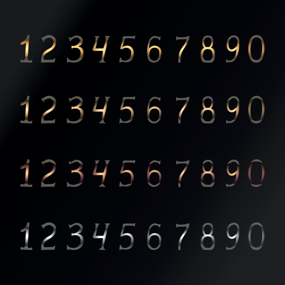 Set of numbers from Zero to Nine in different metall colors. Gold. Bronze. Silver. Black background. Hand drawn numbers. Vector art