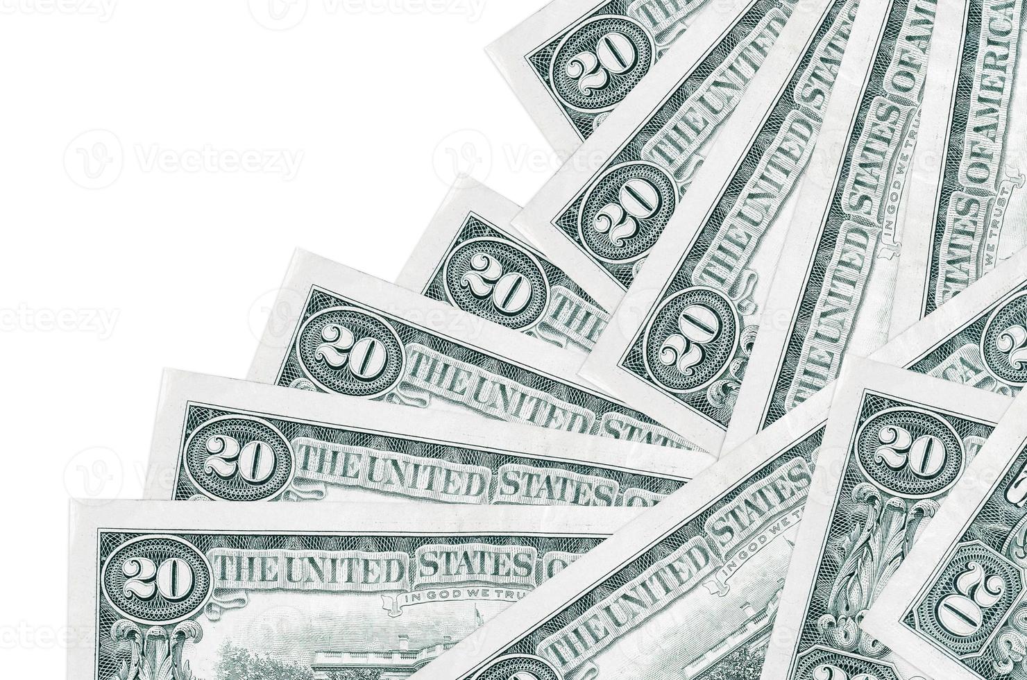 20 US dollars bills lies in different order isolated on white. Local banking or money making concept photo