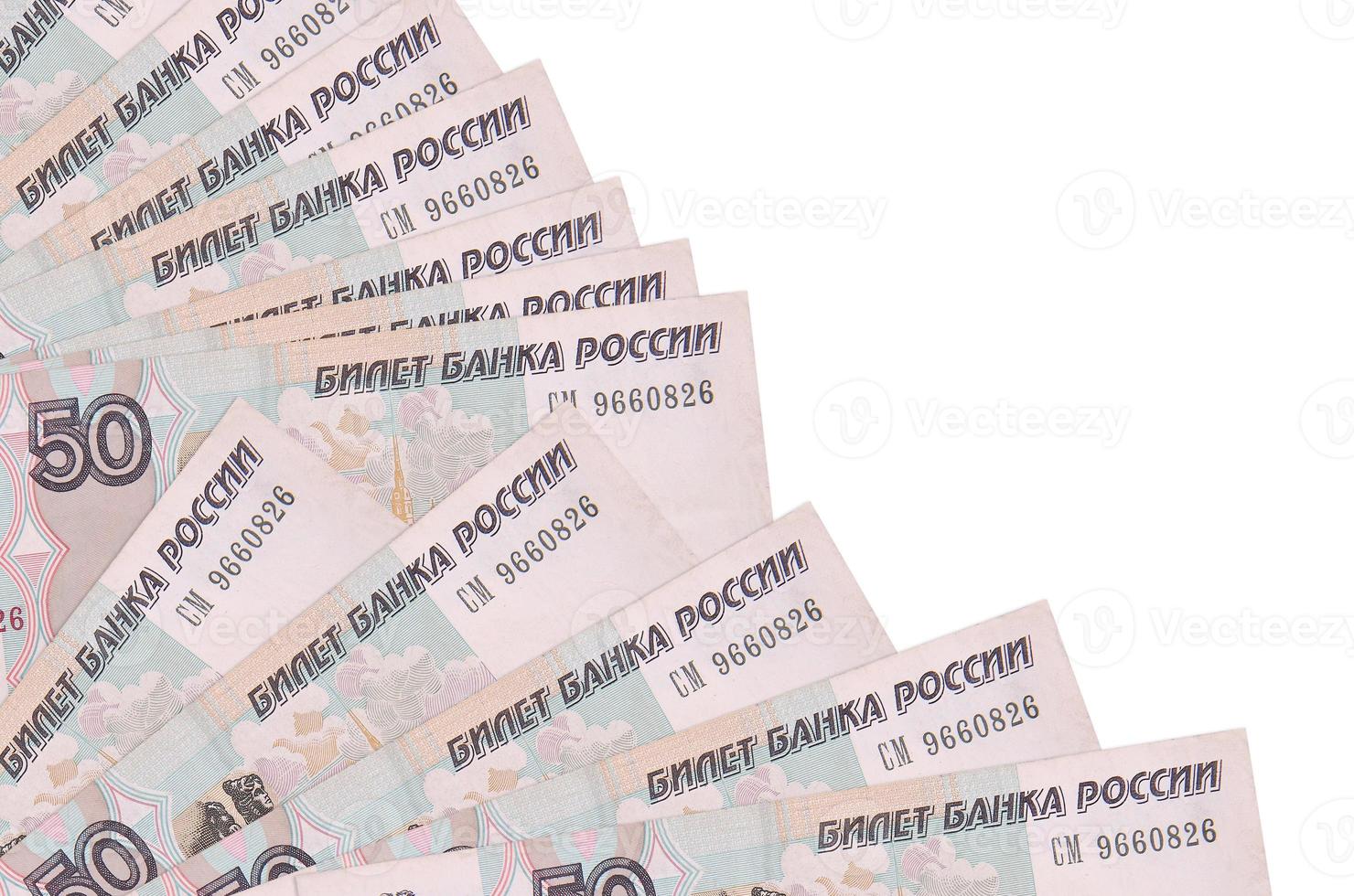 50 russian rubles bills lies isolated on white background with copy space stacked in fan close up photo