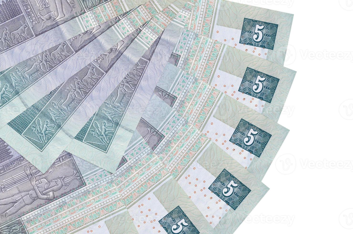 5 Egyptian pounds bills lies isolated on white background with copy space stacked in fan shape close up photo