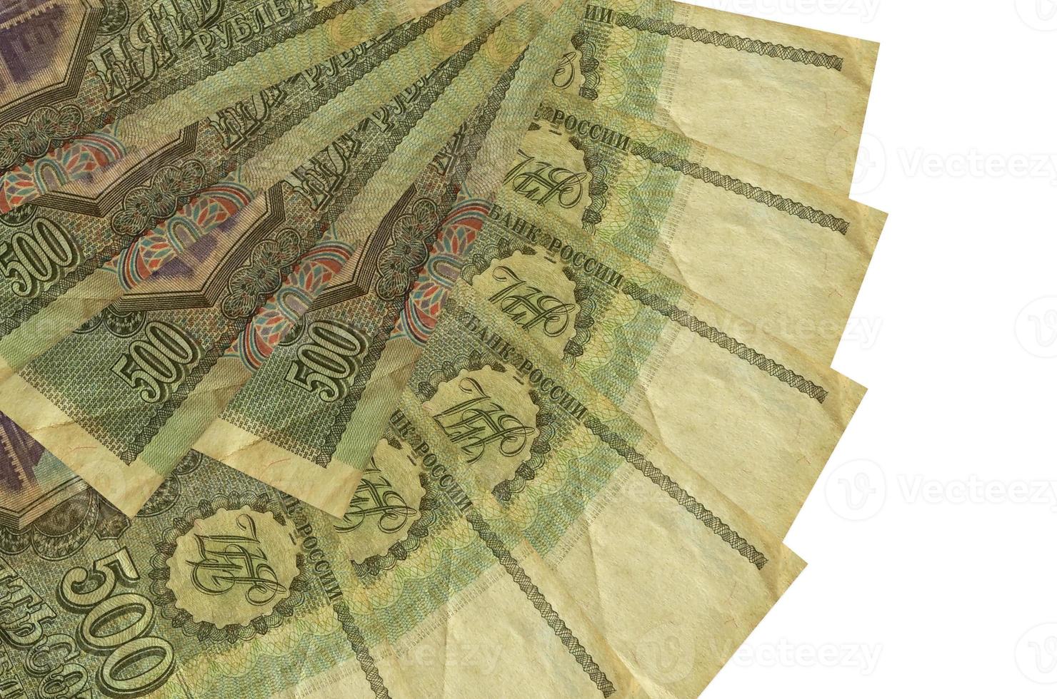 500 russian rubles bills lies isolated on white background with copy space stacked in fan shape close up photo