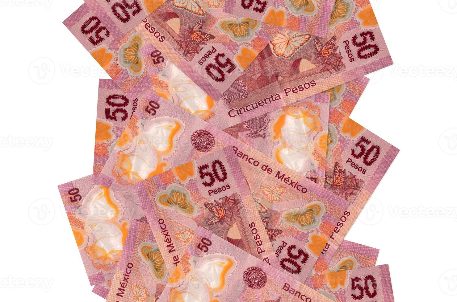 50 mexican pesos bills flying down isolated on white. Many banknotes falling with white copyspace on left and right side photo