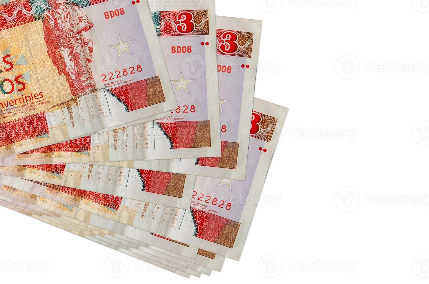 3 cuban pesos convertibles bills lies in small bunch or pack isolated on white. Mockup with copy space. Business and currency exchange photo