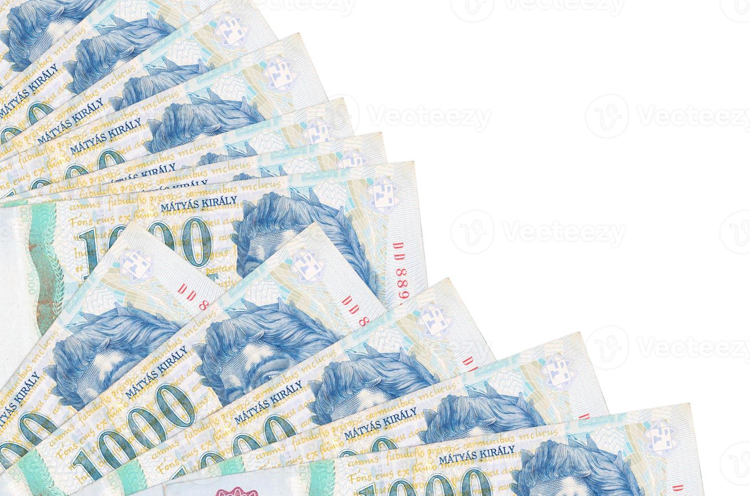 1000 Hungarian forint bills lies isolated on white background with copy space stacked in fan close up photo