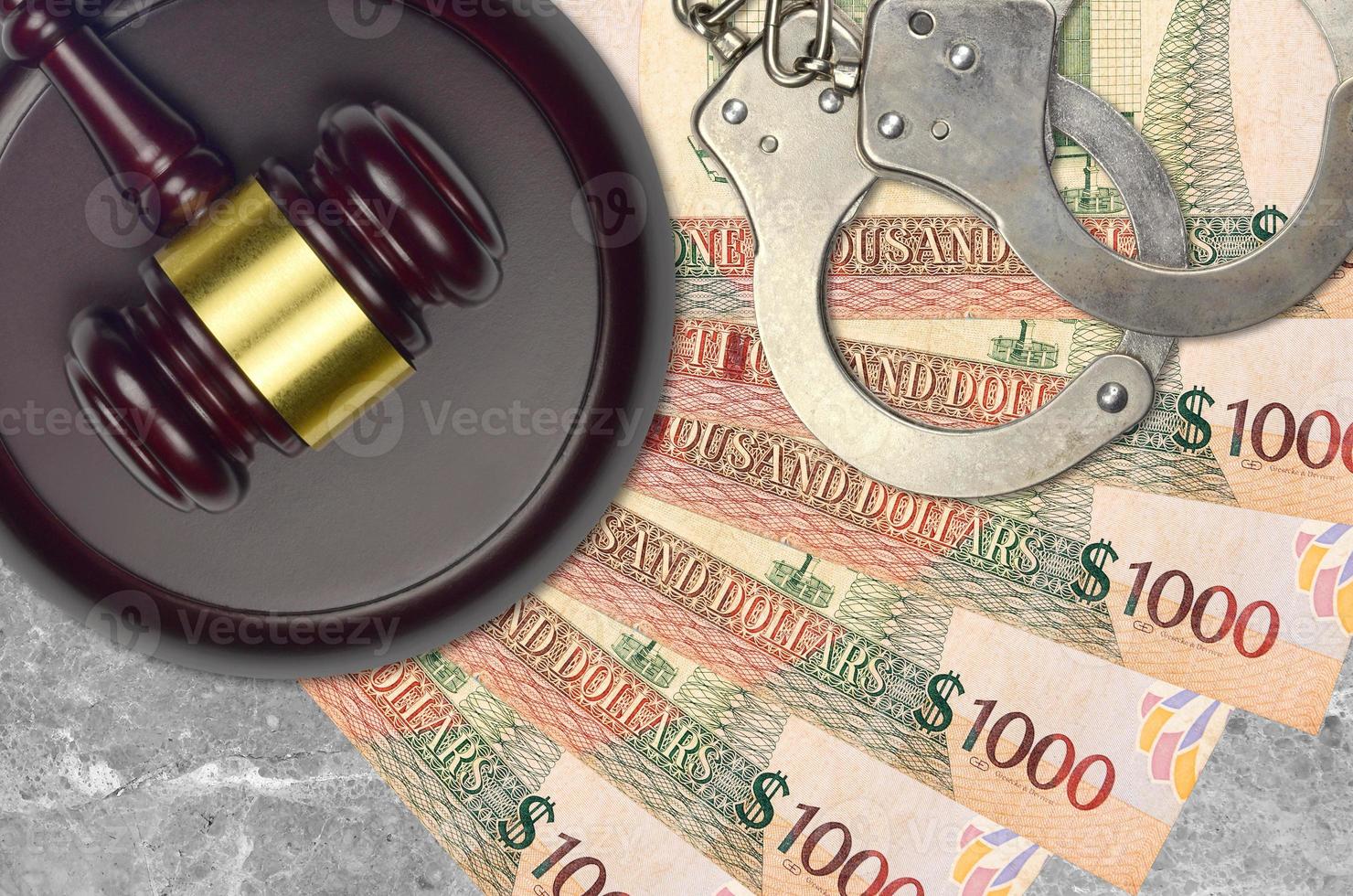 1000 Guyanese dollars bills and judge hammer with police handcuffs on court desk. Concept of judicial trial or bribery. Tax avoidance photo