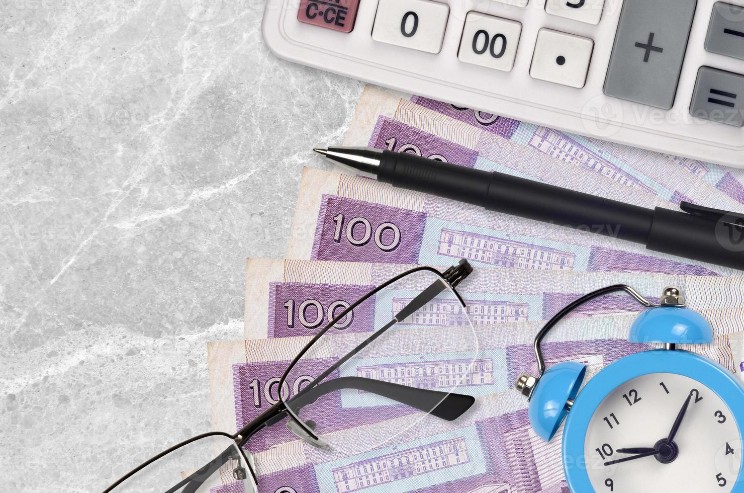 100 Philippine piso bills and calculator with glasses and pen. Business loan or tax payment season concept. Time to pay taxes photo